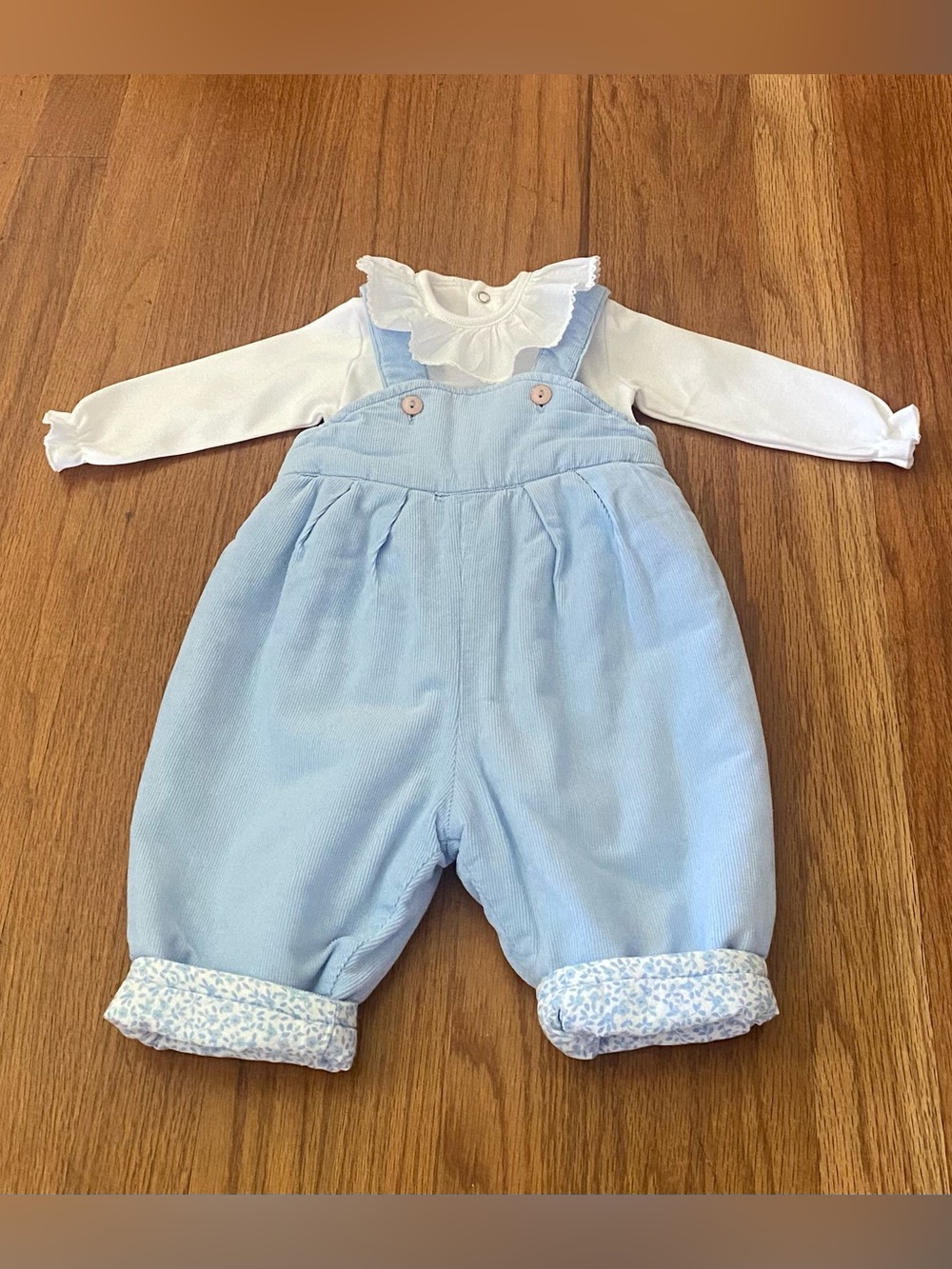 Jacadi Pale Blue Suspender Corduroy Overalls with White Ruffled Bodysuit